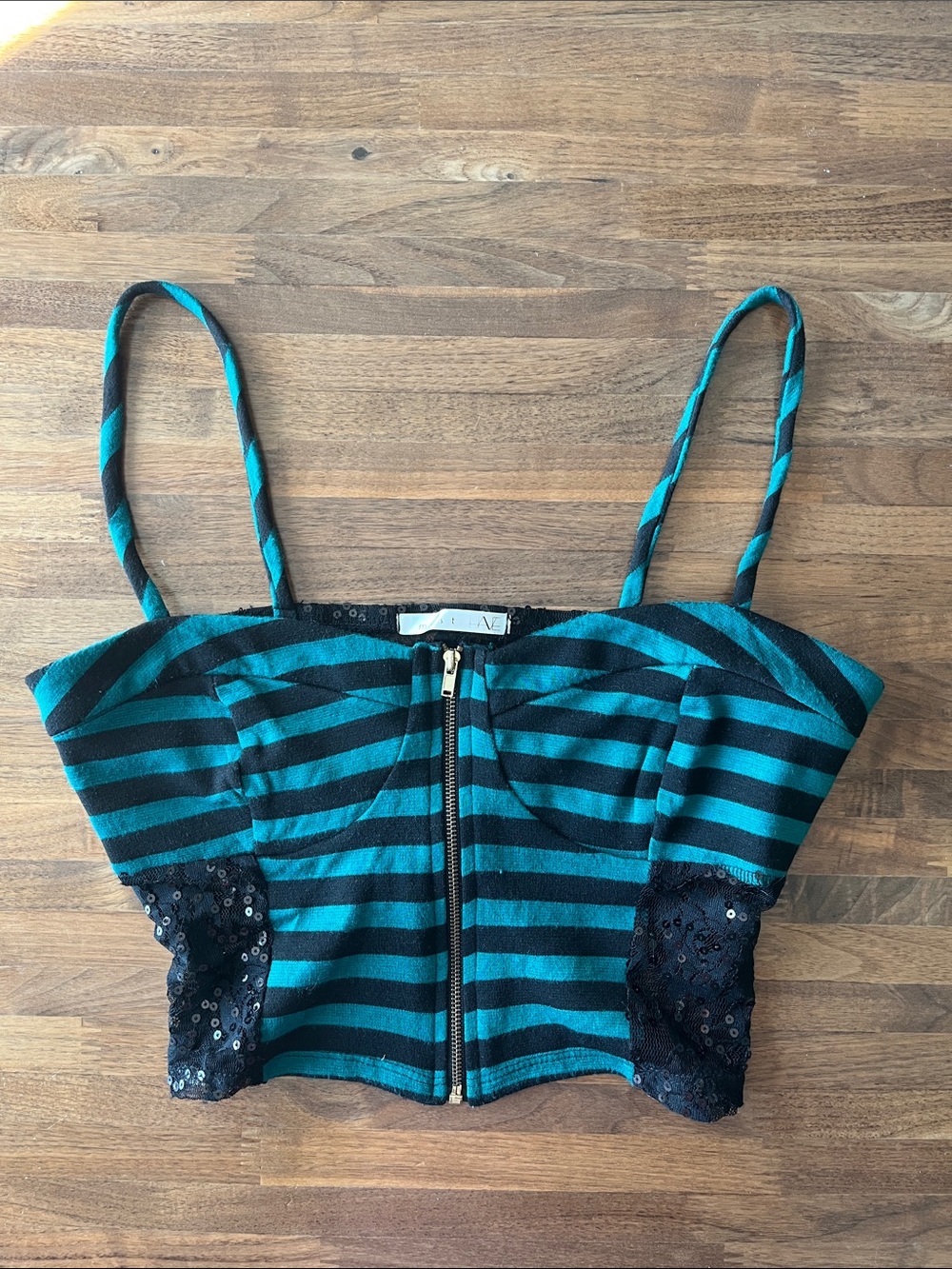 Teal & Black Striped Zip-Front Bustier Crop Top